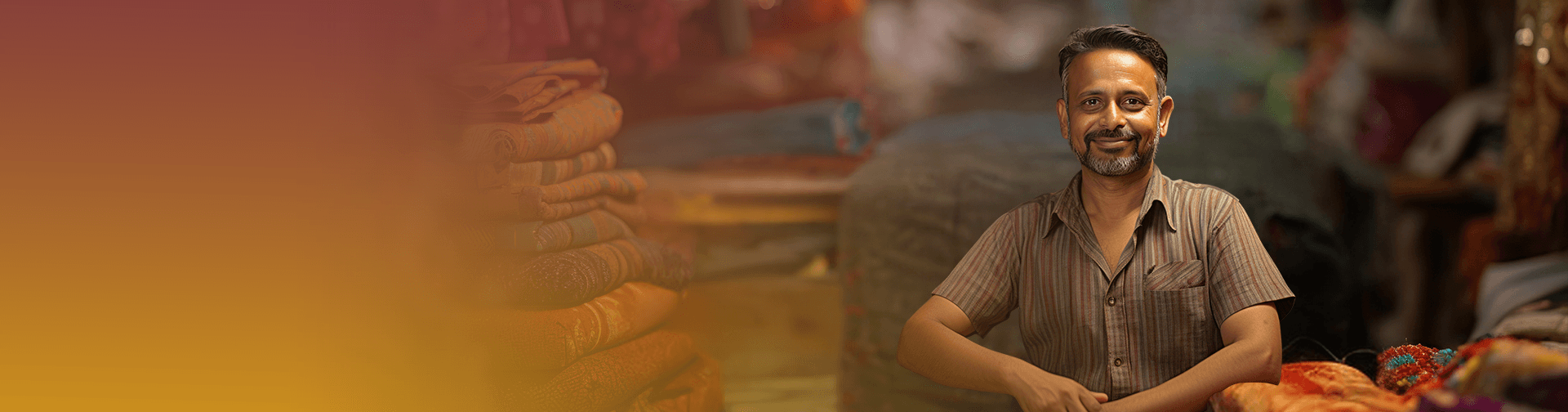 Happy man standing in a textile shop, representing small business owners in India who can benefit from fast, unsecured business loans without collateral with Ambit Finvest.