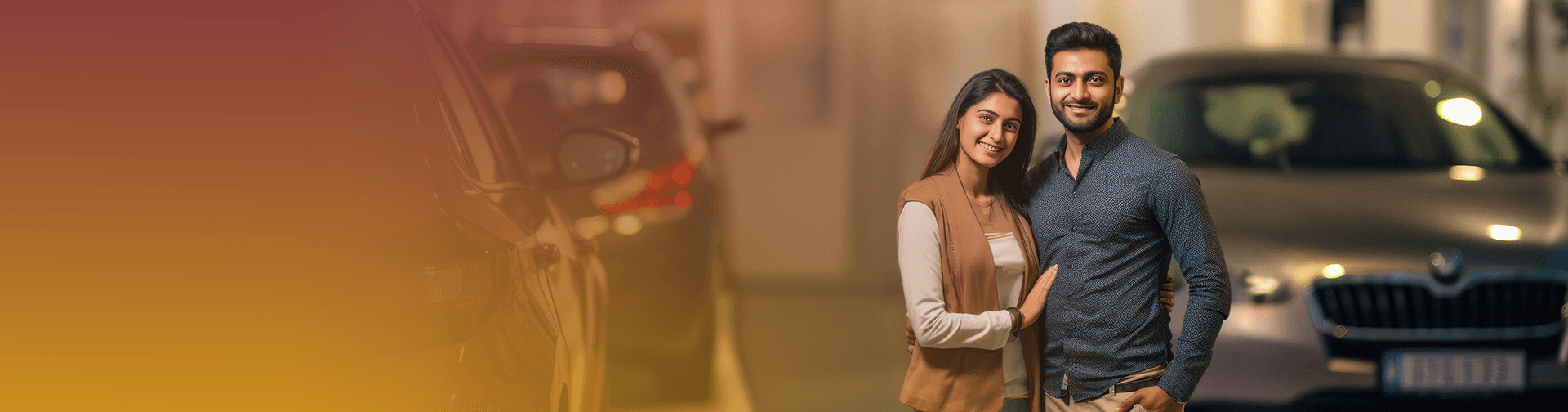 Happy couple standing in front of a car, representing individuals who can benefit from used car loans and second hand commercial vehicle finance options with Ambit Finvest.