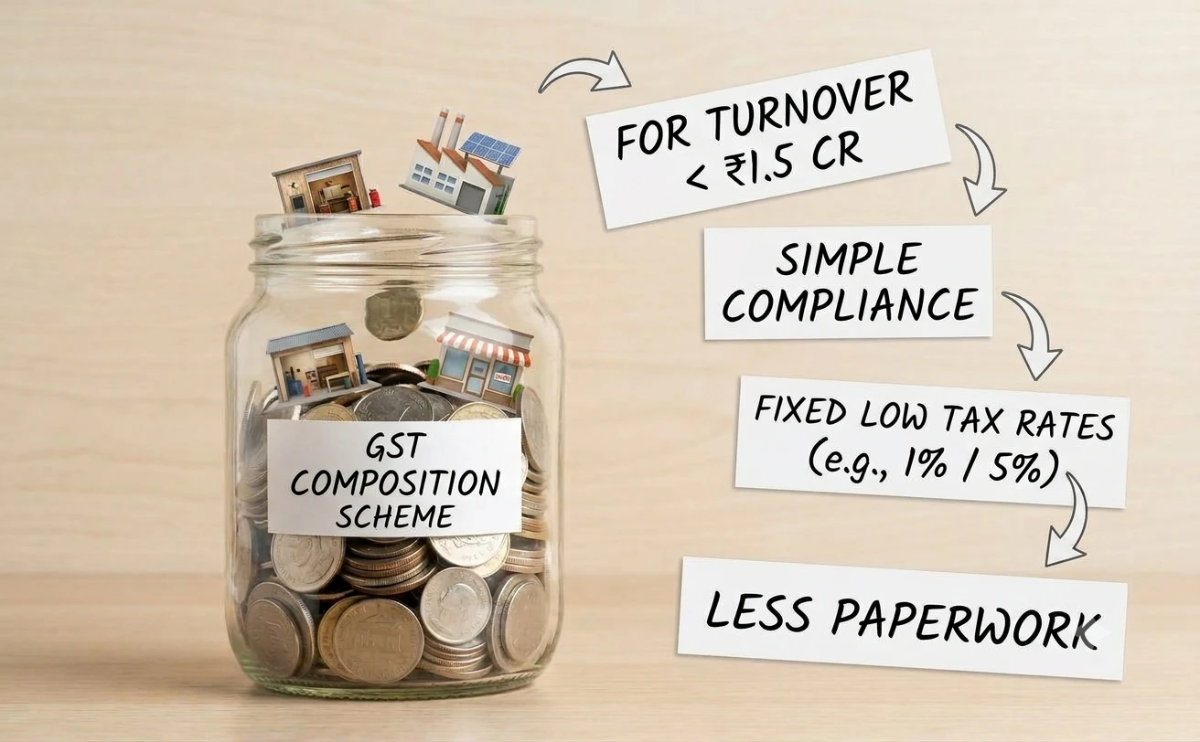 GST Composition Scheme: for turnover under ₹1.5 crore, simple compliance, fixed low tax rates, less paperwork